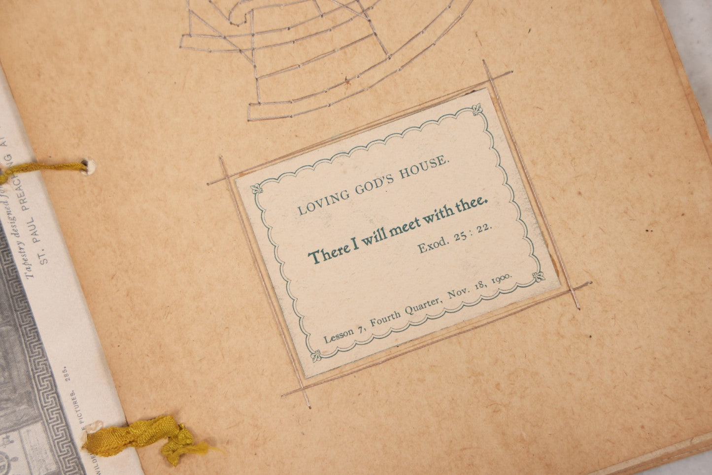 Lot 008 - Antique Scrapbook Of "Maynard Douglass, Fourth Quarter, 1901" With Thread Pinstriping, Sewn Line Illustrations, Pasted Bookplates And Verses, Labeled "Trinitarian Congregational Sunday School, Primary Department, Castine, Maine"