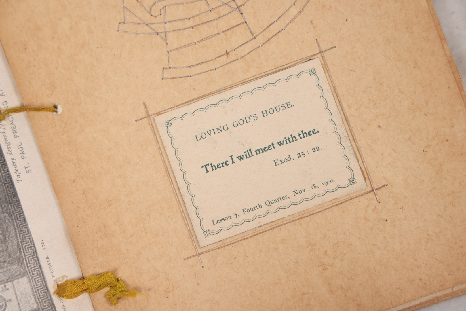 Lot 008 - Antique Scrapbook Of "Maynard Douglass, Fourth Quarter, 1901" With Thread Pinstriping, Sewn Line Illustrations, Pasted Bookplates And Verses, Labeled "Trinitarian Congregational Sunday School, Primary Department, Castine, Maine"