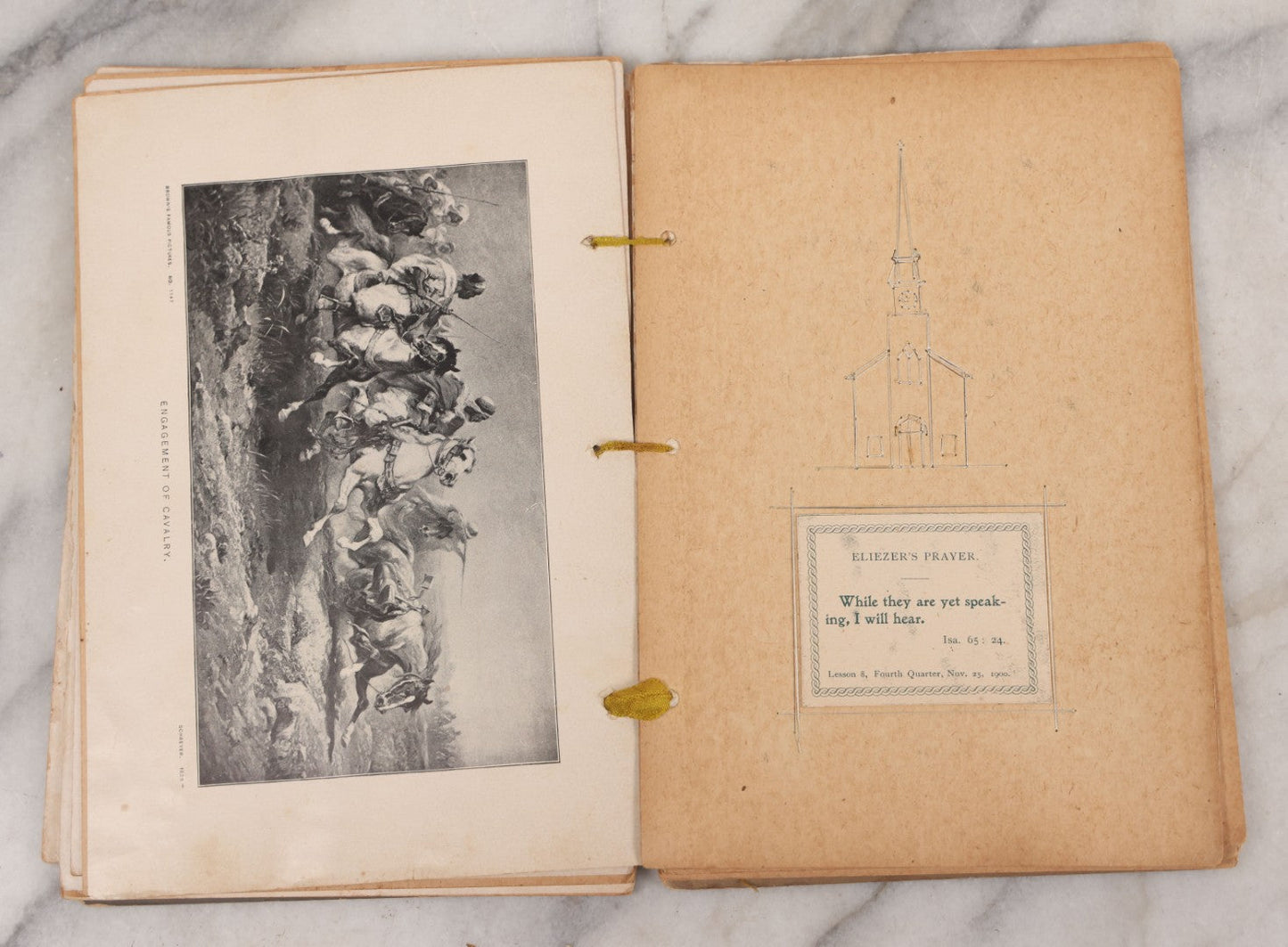 Lot 008 - Antique Scrapbook Of "Maynard Douglass, Fourth Quarter, 1901" With Thread Pinstriping, Sewn Line Illustrations, Pasted Bookplates And Verses, Labeled "Trinitarian Congregational Sunday School, Primary Department, Castine, Maine"