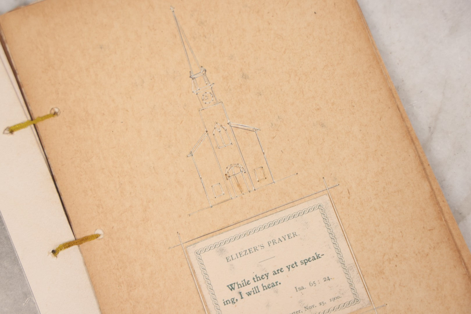 Lot 008 - Antique Scrapbook Of "Maynard Douglass, Fourth Quarter, 1901" With Thread Pinstriping, Sewn Line Illustrations, Pasted Bookplates And Verses, Labeled "Trinitarian Congregational Sunday School, Primary Department, Castine, Maine"