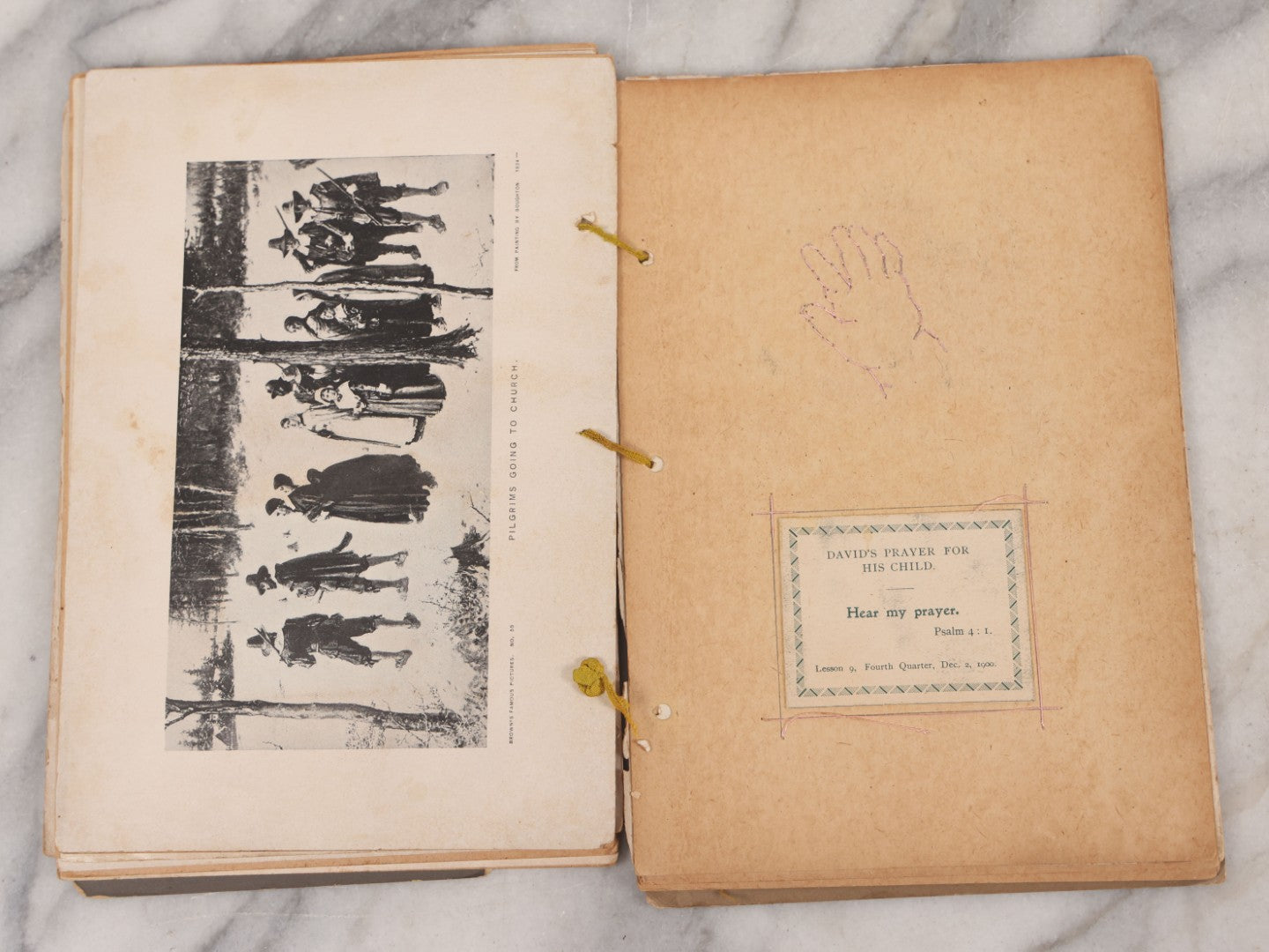 Lot 008 - Antique Scrapbook Of "Maynard Douglass, Fourth Quarter, 1901" With Thread Pinstriping, Sewn Line Illustrations, Pasted Bookplates And Verses, Labeled "Trinitarian Congregational Sunday School, Primary Department, Castine, Maine"