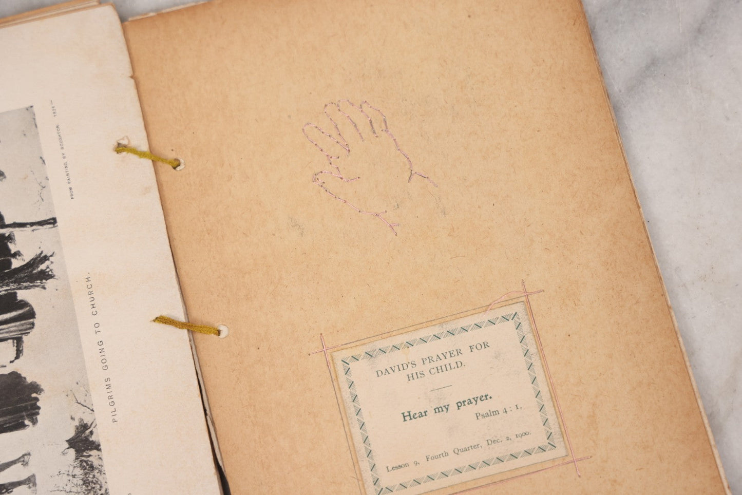 Lot 008 - Antique Scrapbook Of "Maynard Douglass, Fourth Quarter, 1901" With Thread Pinstriping, Sewn Line Illustrations, Pasted Bookplates And Verses, Labeled "Trinitarian Congregational Sunday School, Primary Department, Castine, Maine"