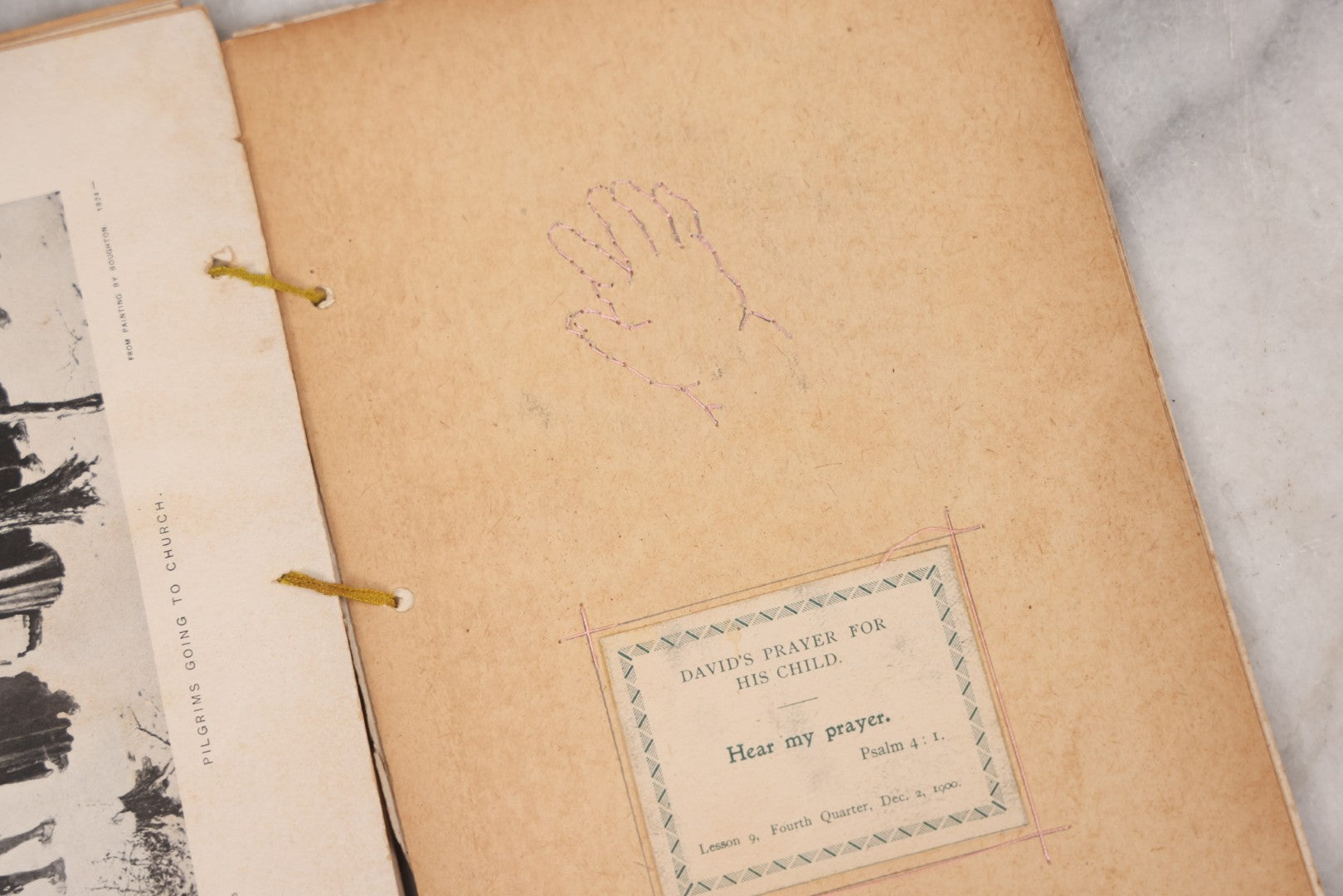 Lot 008 - Antique Scrapbook Of "Maynard Douglass, Fourth Quarter, 1901" With Thread Pinstriping, Sewn Line Illustrations, Pasted Bookplates And Verses, Labeled "Trinitarian Congregational Sunday School, Primary Department, Castine, Maine"