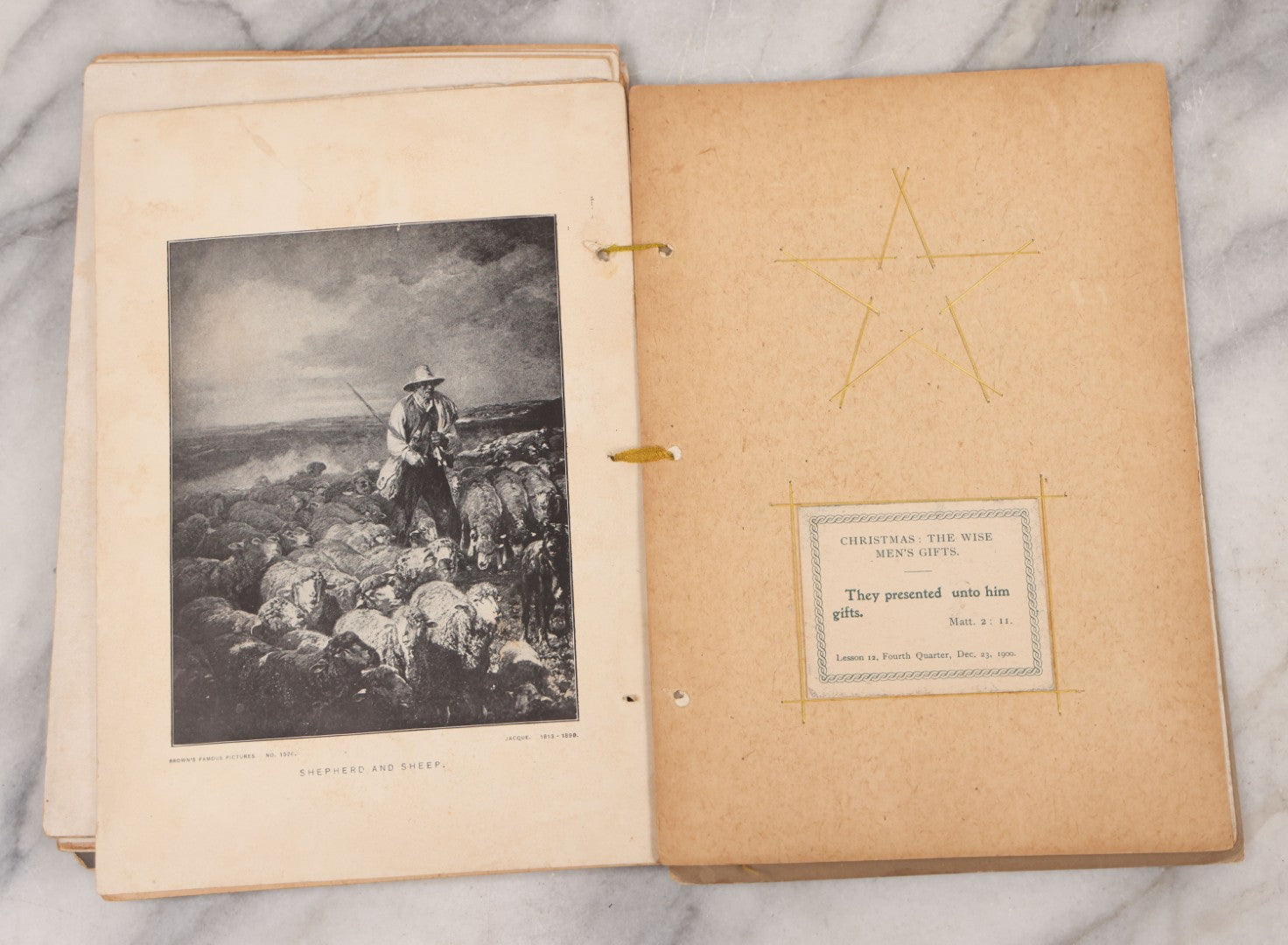 Lot 008 - Antique Scrapbook Of "Maynard Douglass, Fourth Quarter, 1901" With Thread Pinstriping, Sewn Line Illustrations, Pasted Bookplates And Verses, Labeled "Trinitarian Congregational Sunday School, Primary Department, Castine, Maine"