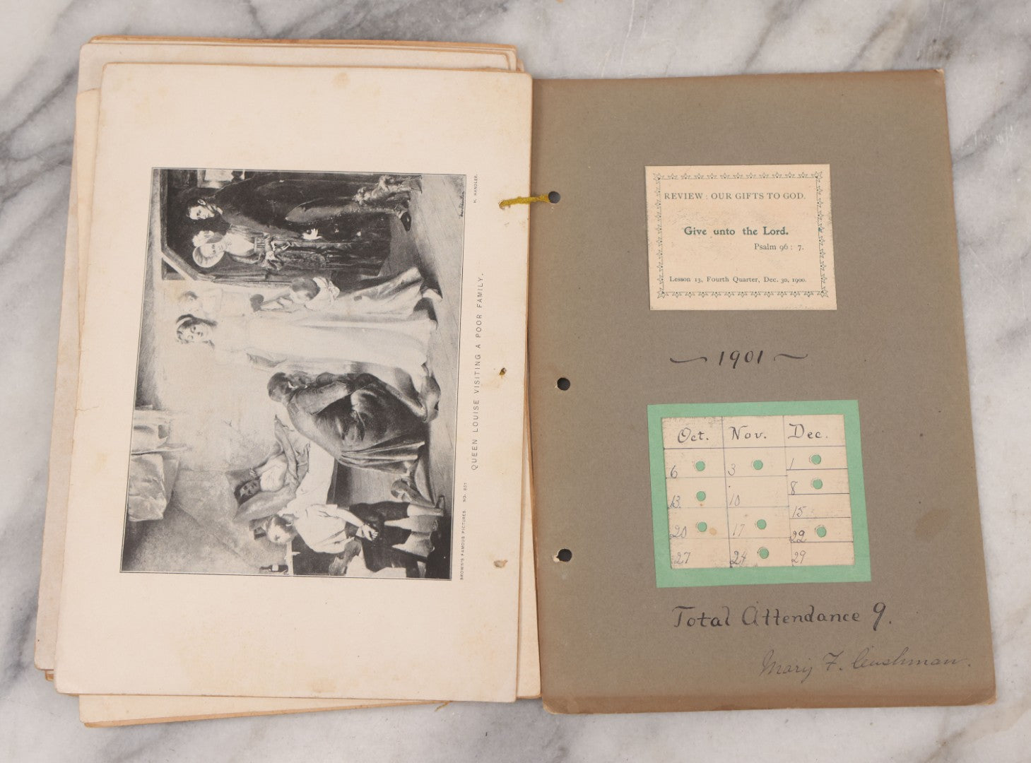 Lot 008 - Antique Scrapbook Of "Maynard Douglass, Fourth Quarter, 1901" With Thread Pinstriping, Sewn Line Illustrations, Pasted Bookplates And Verses, Labeled "Trinitarian Congregational Sunday School, Primary Department, Castine, Maine"