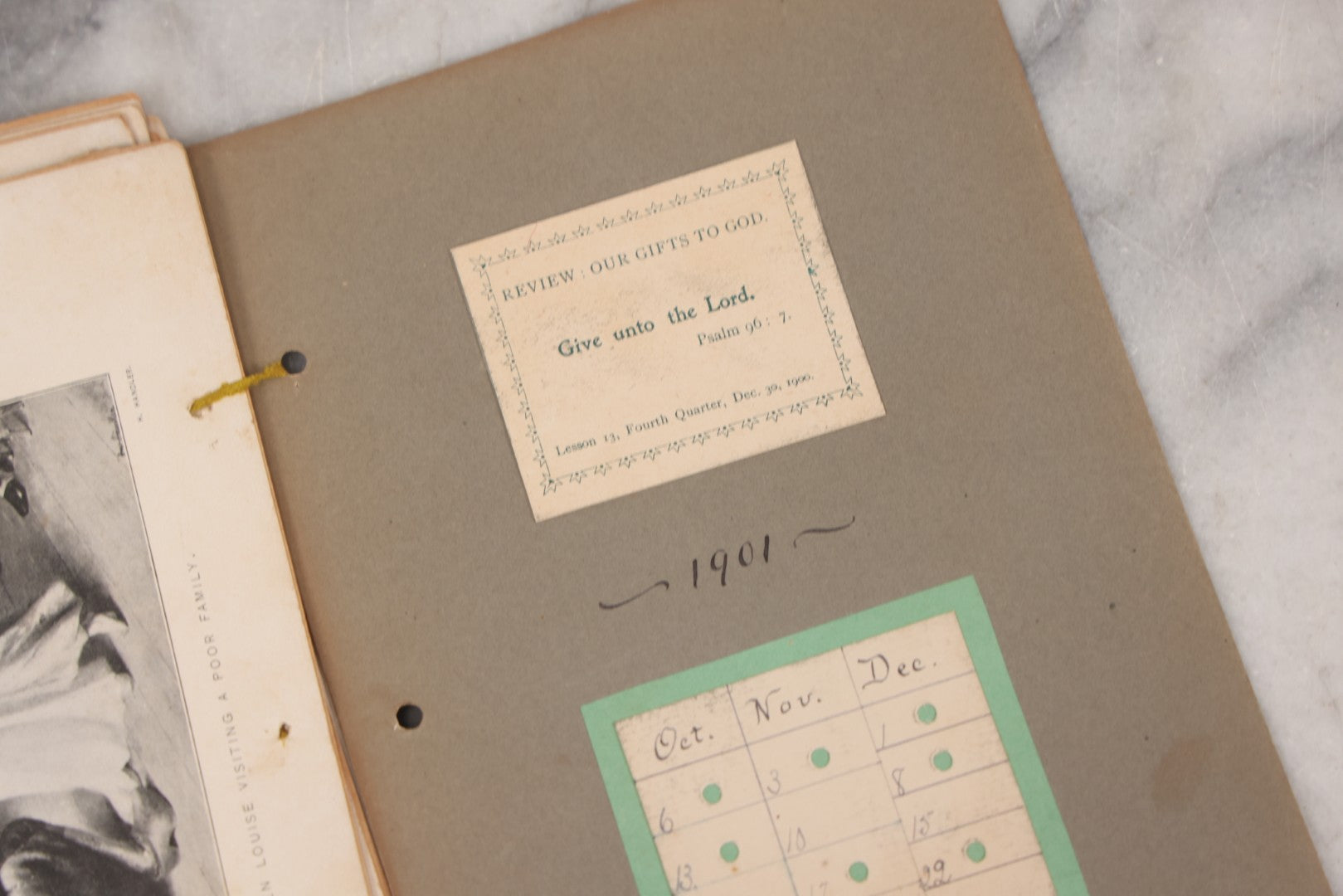 Lot 008 - Antique Scrapbook Of "Maynard Douglass, Fourth Quarter, 1901" With Thread Pinstriping, Sewn Line Illustrations, Pasted Bookplates And Verses, Labeled "Trinitarian Congregational Sunday School, Primary Department, Castine, Maine"