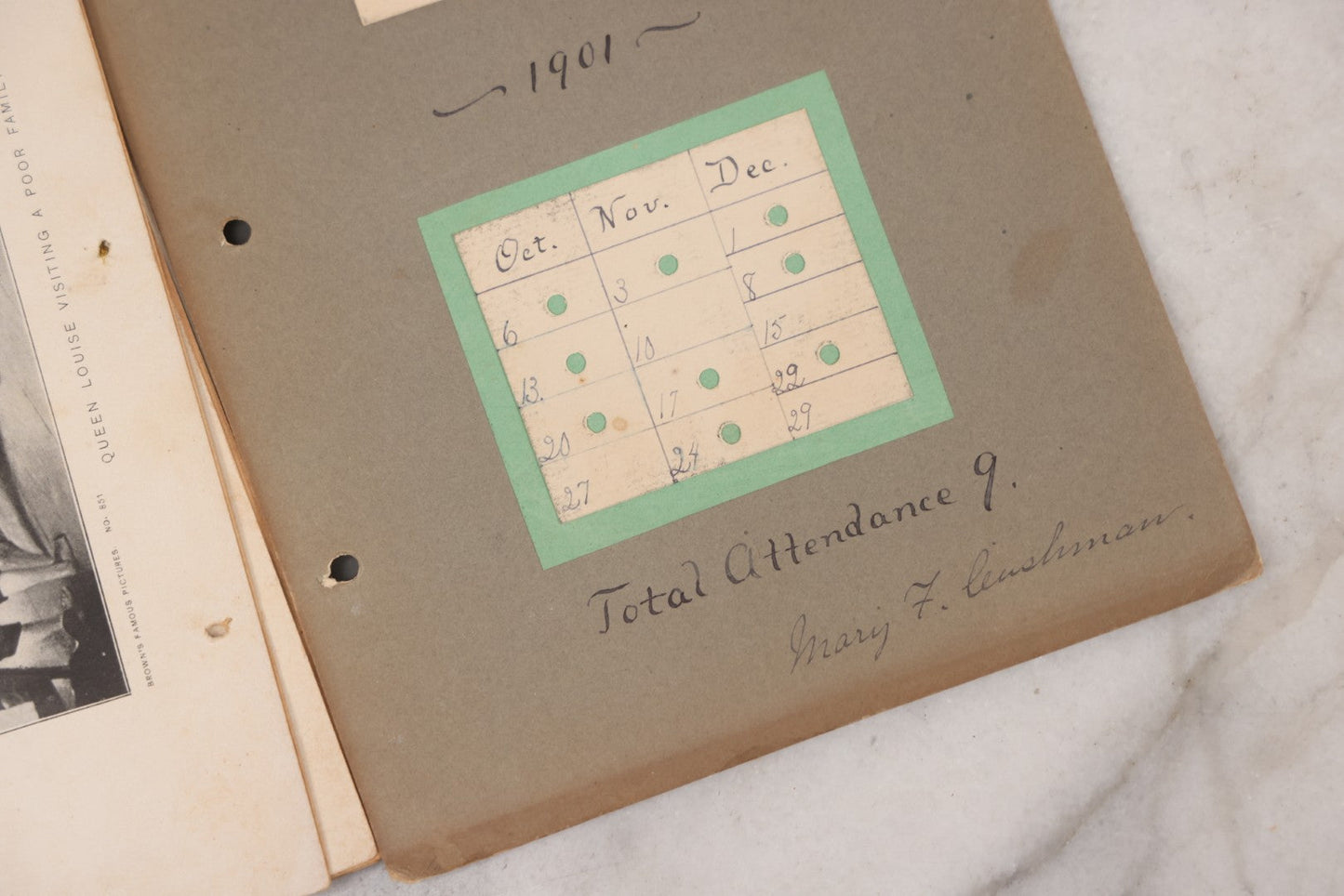 Lot 008 - Antique Scrapbook Of "Maynard Douglass, Fourth Quarter, 1901" With Thread Pinstriping, Sewn Line Illustrations, Pasted Bookplates And Verses, Labeled "Trinitarian Congregational Sunday School, Primary Department, Castine, Maine"