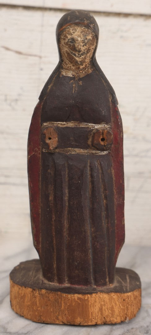 Lot 011 - Antique Wood Carved Folk Art Female Santos Saint Icon In Original Paint With Wear And Tear From Age, Circa Early 19th Century, 9-1/4" H