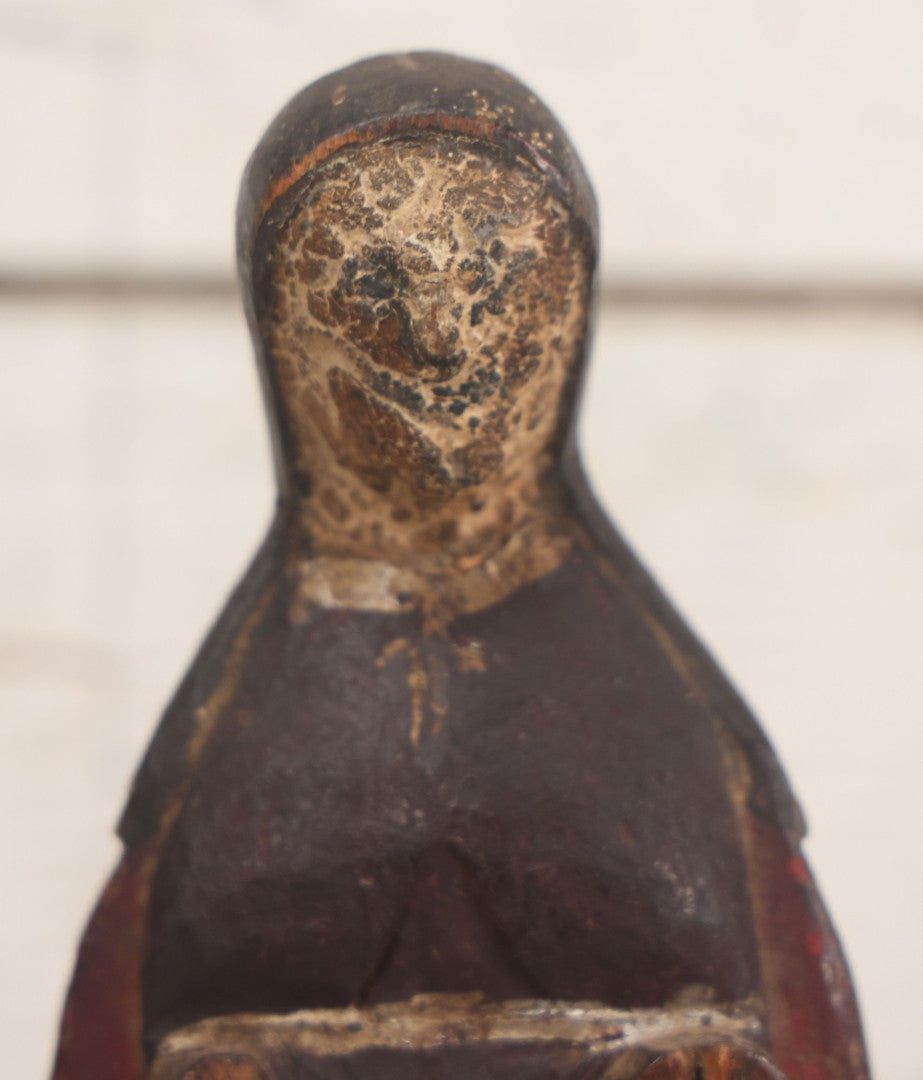 Lot 011 - Antique Wood Carved Folk Art Female Santos Saint Icon In Original Paint With Wear And Tear From Age, Circa Early 19th Century, 9-1/4" H