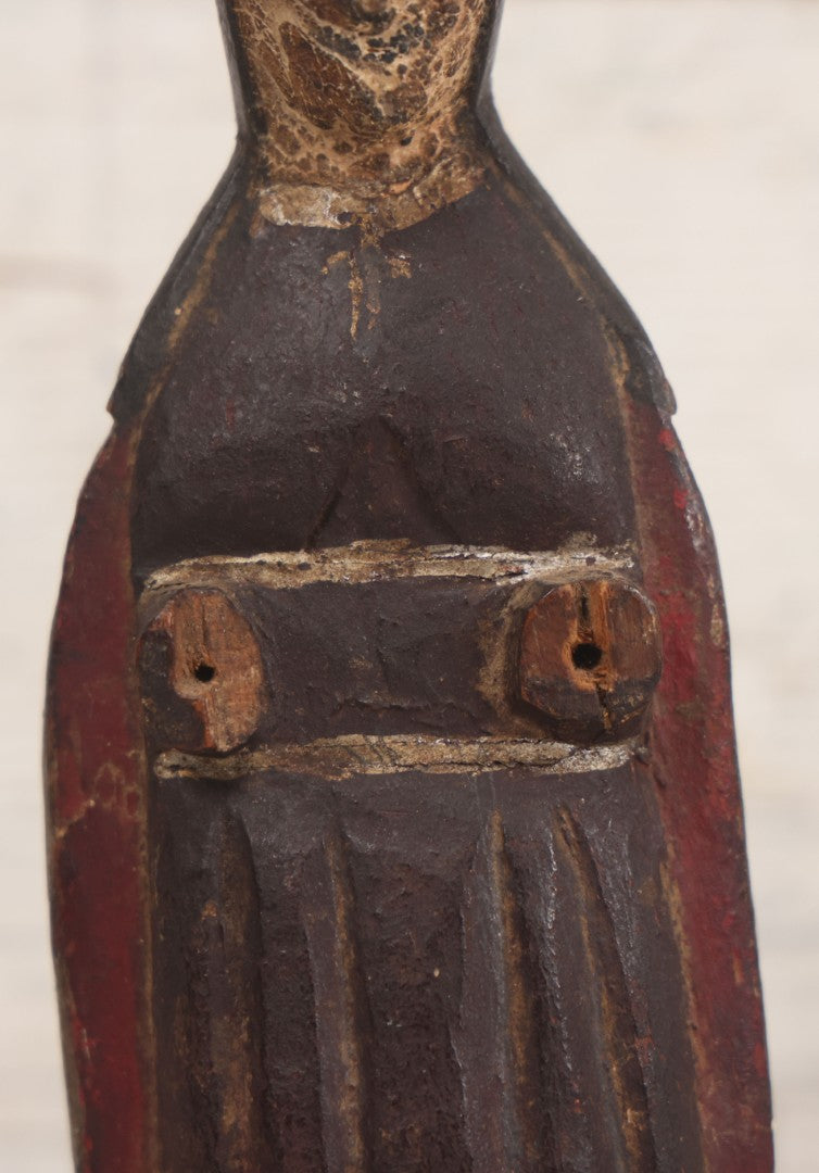 Lot 011 - Antique Wood Carved Folk Art Female Santos Saint Icon In Original Paint With Wear And Tear From Age, Circa Early 19th Century, 9-1/4" H