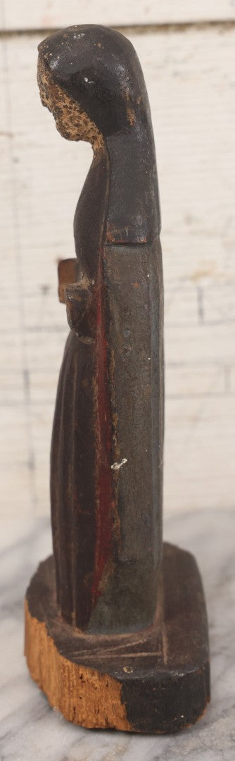 Lot 011 - Antique Wood Carved Folk Art Female Santos Saint Icon In Original Paint With Wear And Tear From Age, Circa Early 19th Century, 9-1/4" H