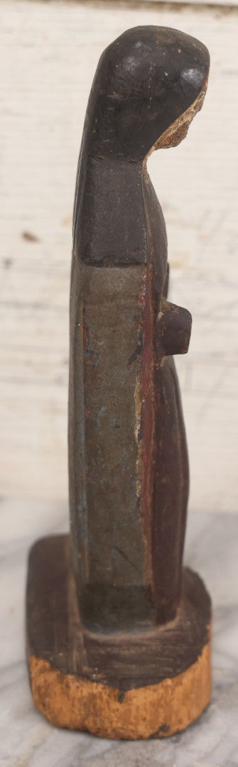 Lot 011 - Antique Wood Carved Folk Art Female Santos Saint Icon In Original Paint With Wear And Tear From Age, Circa Early 19th Century, 9-1/4" H