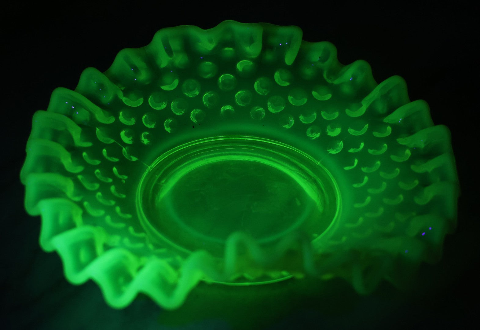 Lot 012 - Uranium Glass Decorative Dish With Hobnail Pattern And Ruffled Edge, Glows Under Blacklight