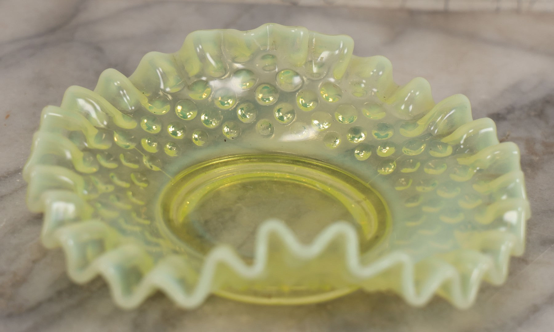 Lot 012 - Uranium Glass Decorative Dish With Hobnail Pattern And Ruffled Edge, Glows Under Blacklight