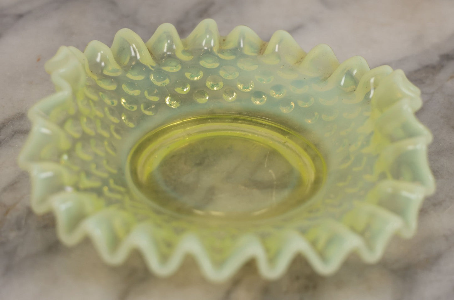 Lot 012 - Uranium Glass Decorative Dish With Hobnail Pattern And Ruffled Edge, Glows Under Blacklight