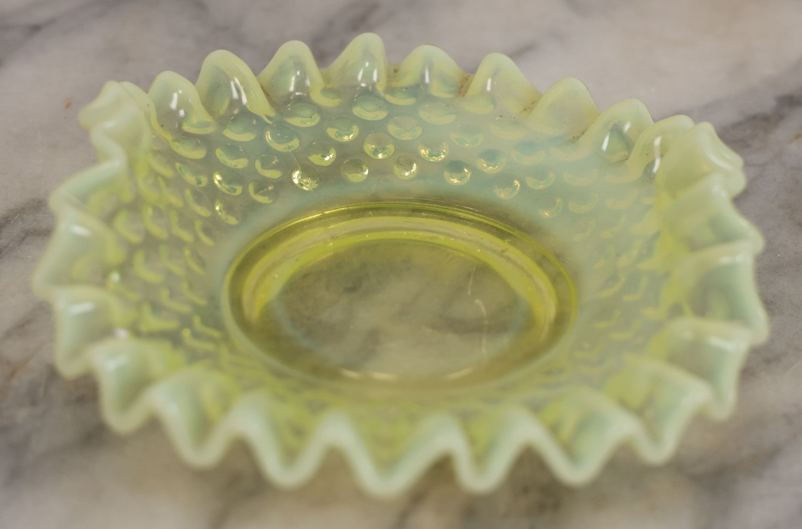 Lot 012 - Uranium Glass Decorative Dish With Hobnail Pattern And Ruffled Edge, Glows Under Blacklight