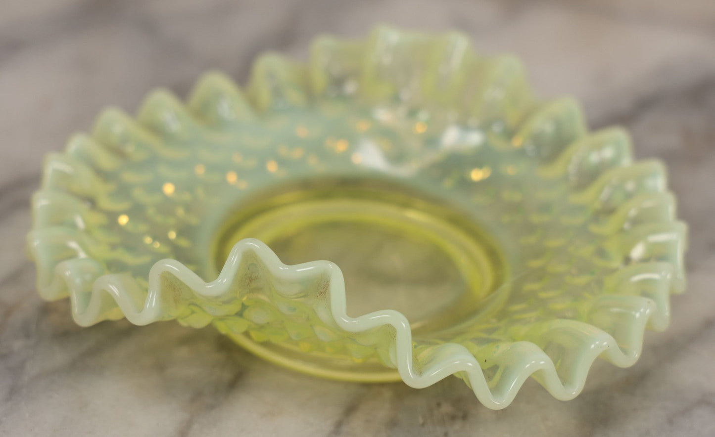 Lot 012 - Uranium Glass Decorative Dish With Hobnail Pattern And Ruffled Edge, Glows Under Blacklight