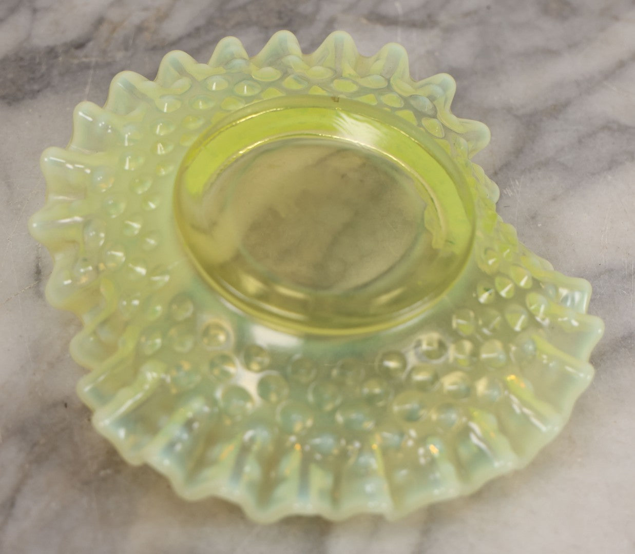 Lot 012 - Uranium Glass Decorative Dish With Hobnail Pattern And Ruffled Edge, Glows Under Blacklight