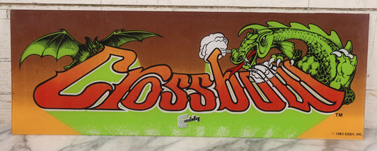Lot 013 - Vintage Crossbow Arcade Cabinet Marquee Panel With Bat And Dragon Graphics, Classic 1983 Exidy Game, Gun Target Fantasy Adventure Arcade Game, Plexiglass Or Similar Material, 8-1/2" x 23-3/4"