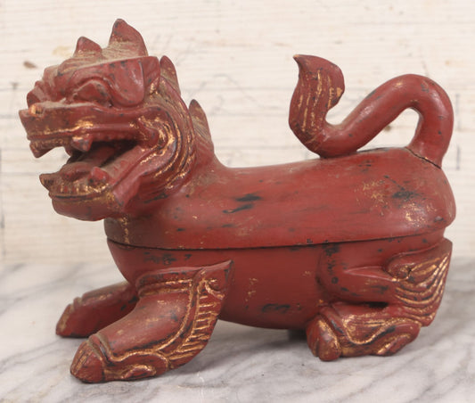 Lot 014 - Vintage Wooden Two-Piece Carved Chinese Dragon Dresser Box With Red Paint, Gold Painted Details