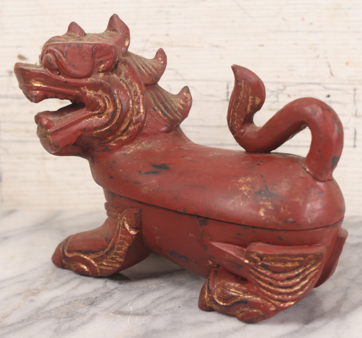 Lot 014 - Vintage Wooden Two-Piece Carved Chinese Dragon Dresser Box With Red Paint, Gold Painted Details