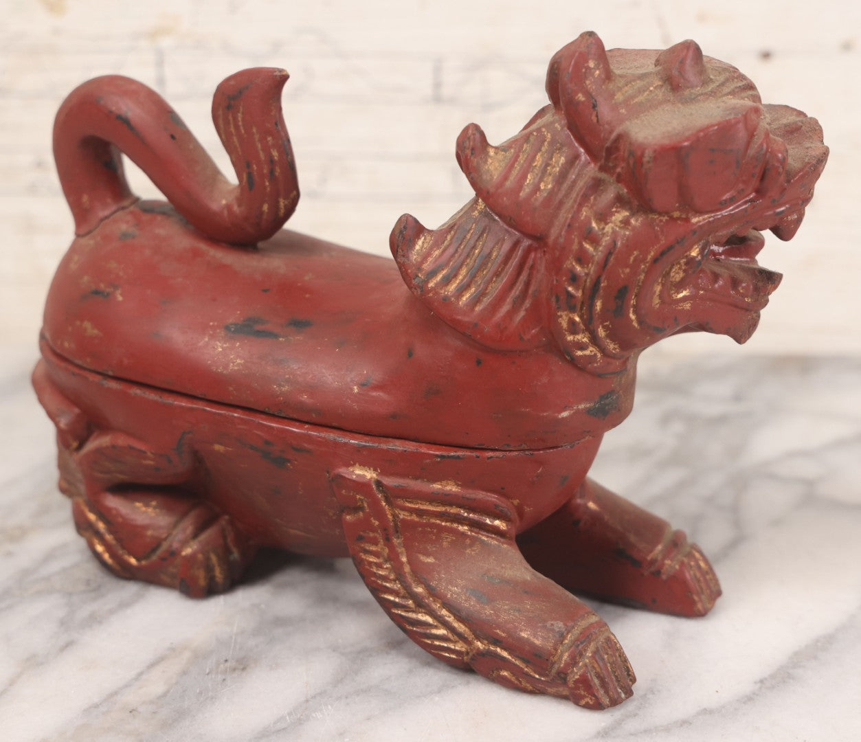 Lot 014 - Vintage Wooden Two-Piece Carved Chinese Dragon Dresser Box With Red Paint, Gold Painted Details