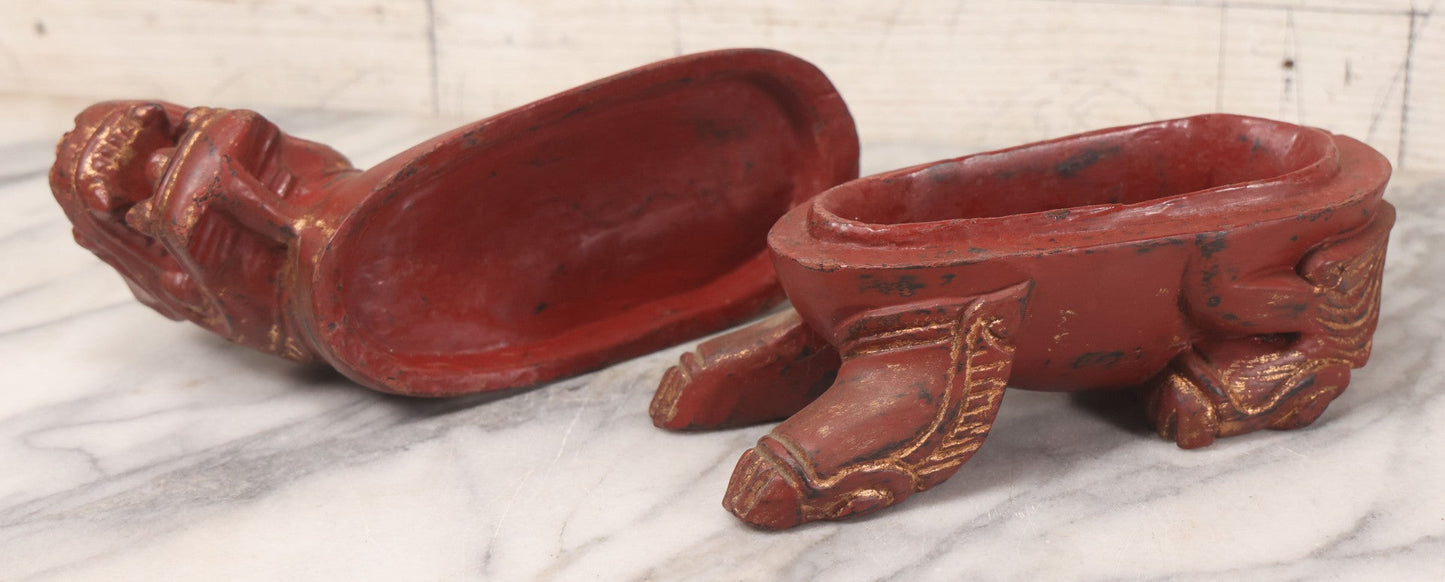 Lot 014 - Vintage Wooden Two-Piece Carved Chinese Dragon Dresser Box With Red Paint, Gold Painted Details