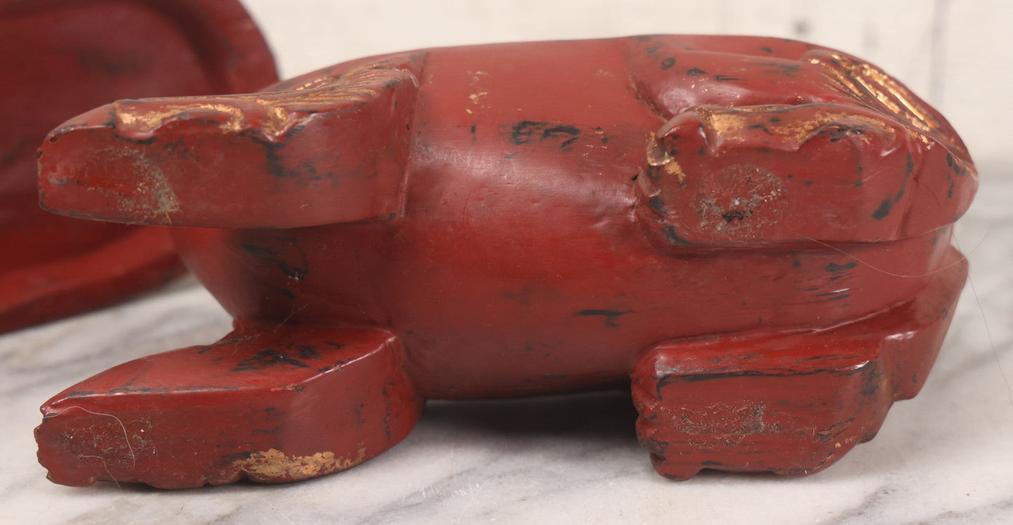 Lot 014 - Vintage Wooden Two-Piece Carved Chinese Dragon Dresser Box With Red Paint, Gold Painted Details