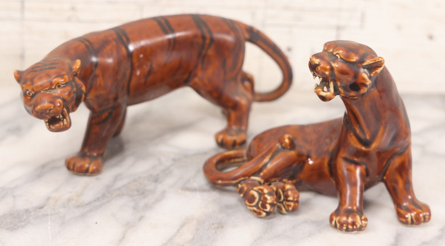Lot 017 - Pair Of Vintage Ceramic Brown Painted Tigers In Reclined And Pacing Poses