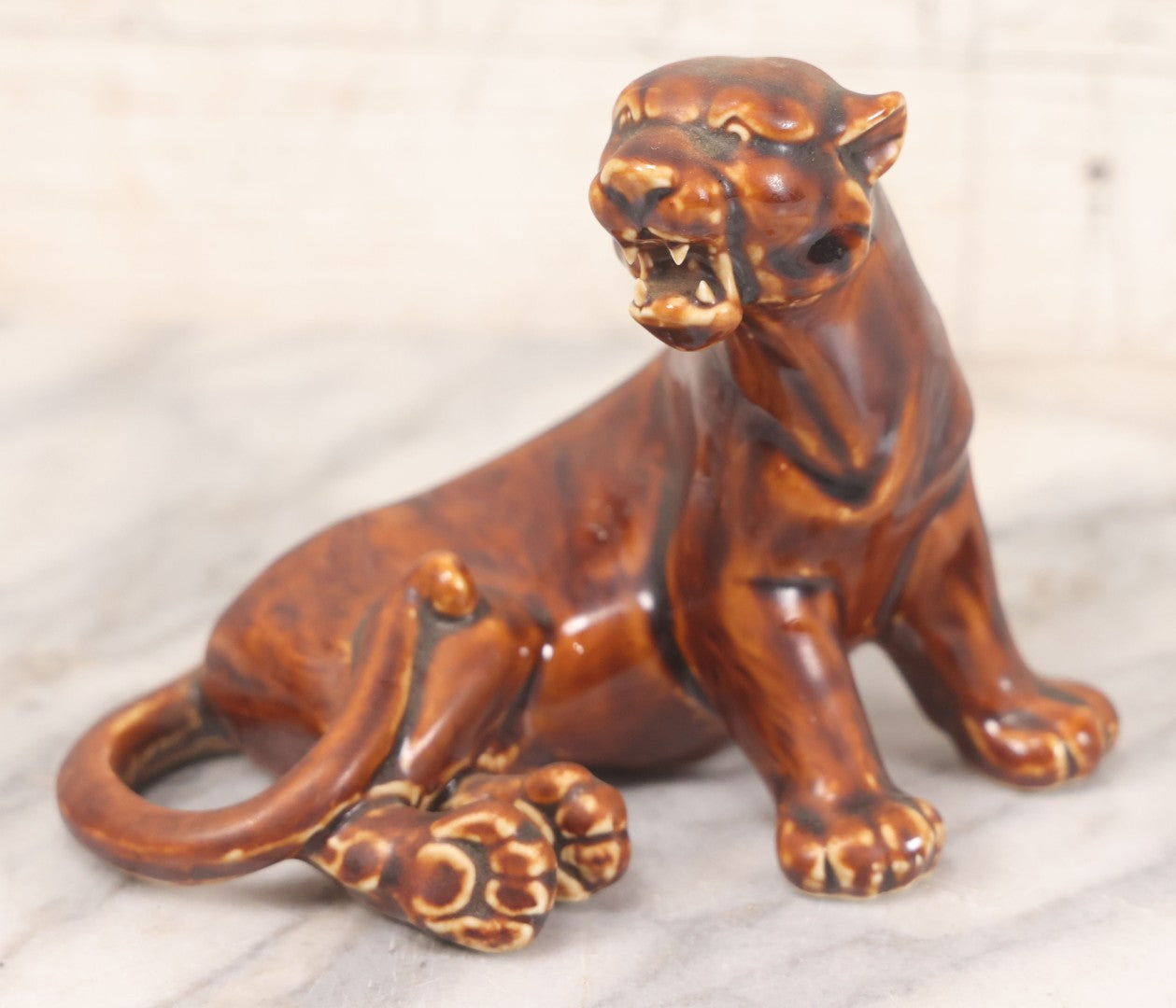 Lot 017 - Pair Of Vintage Ceramic Brown Painted Tigers In Reclined And Pacing Poses