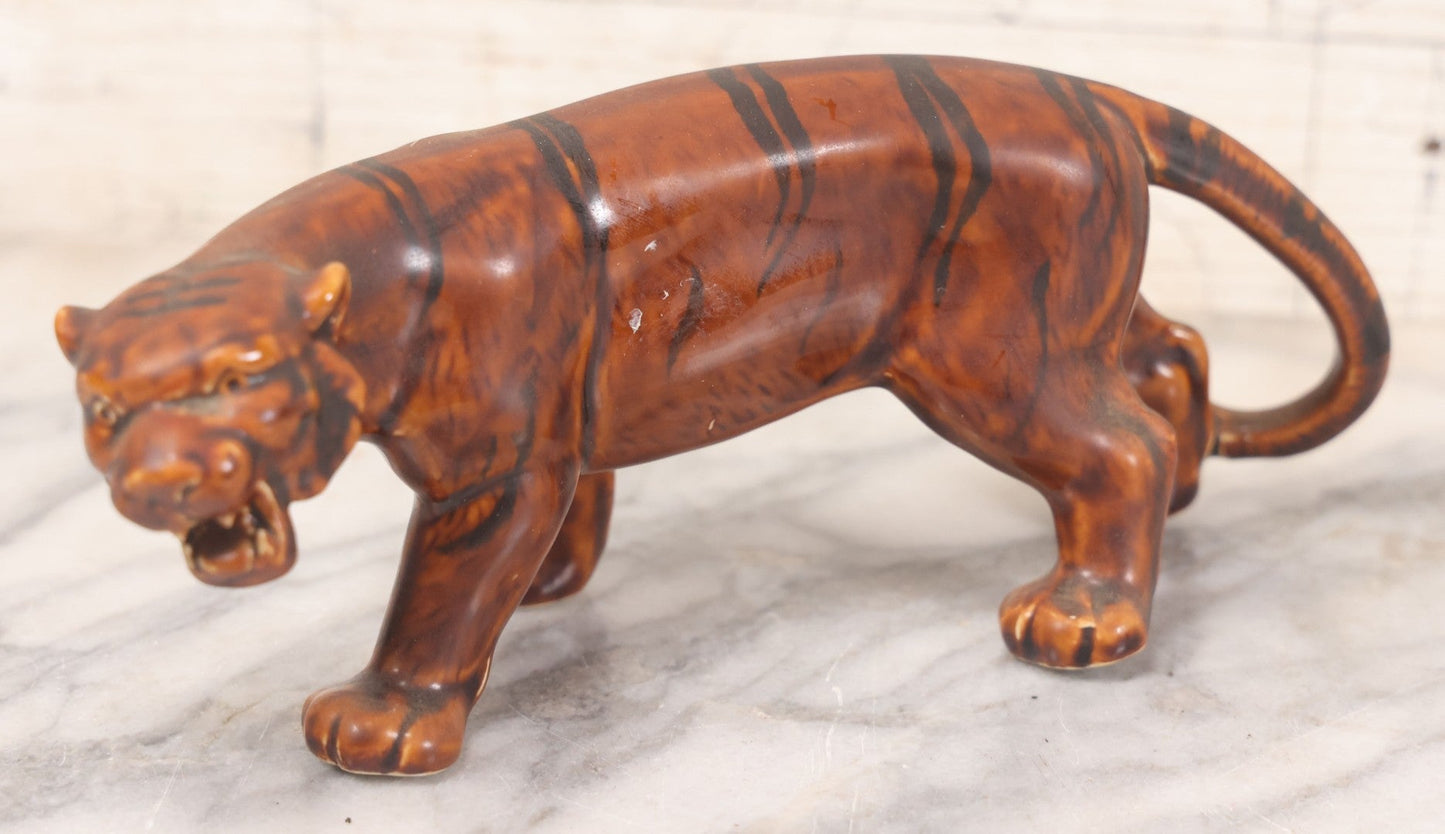 Lot 017 - Pair Of Vintage Ceramic Brown Painted Tigers In Reclined And Pacing Poses
