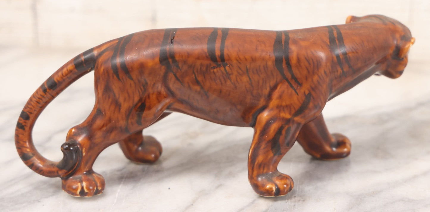 Lot 017 - Pair Of Vintage Ceramic Brown Painted Tigers In Reclined And Pacing Poses