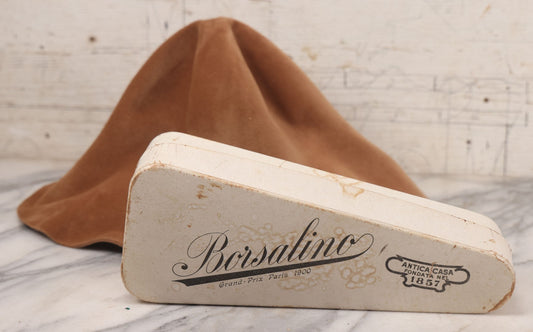 Lot 022 - Antique Borsalino Women's Felt Hat In Light Brown With Interior Tags “Borsalino Italia” And “Antica Casa,” With Original Box Marked “Grand Prix Paris 1900,” Retailed By Cappelleria Minelli, Florence