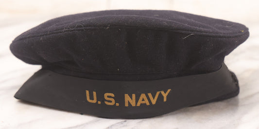 Lot 023 - Antique Black Felt United States Navy Sailors Cap Hat With Embroidered Band, Internal Pocket With Star, Size 7-1/8