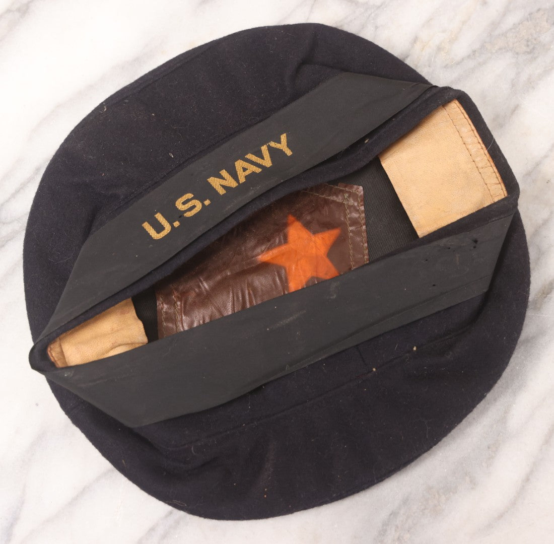 Lot 023 - Antique Black Felt United States Navy Sailors Cap Hat With Embroidered Band, Internal Pocket With Star, Size 7-1/8
