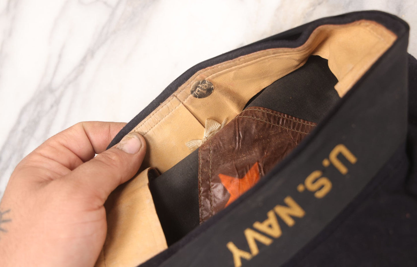 Lot 023 - Antique Black Felt United States Navy Sailors Cap Hat With Embroidered Band, Internal Pocket With Star, Size 7-1/8