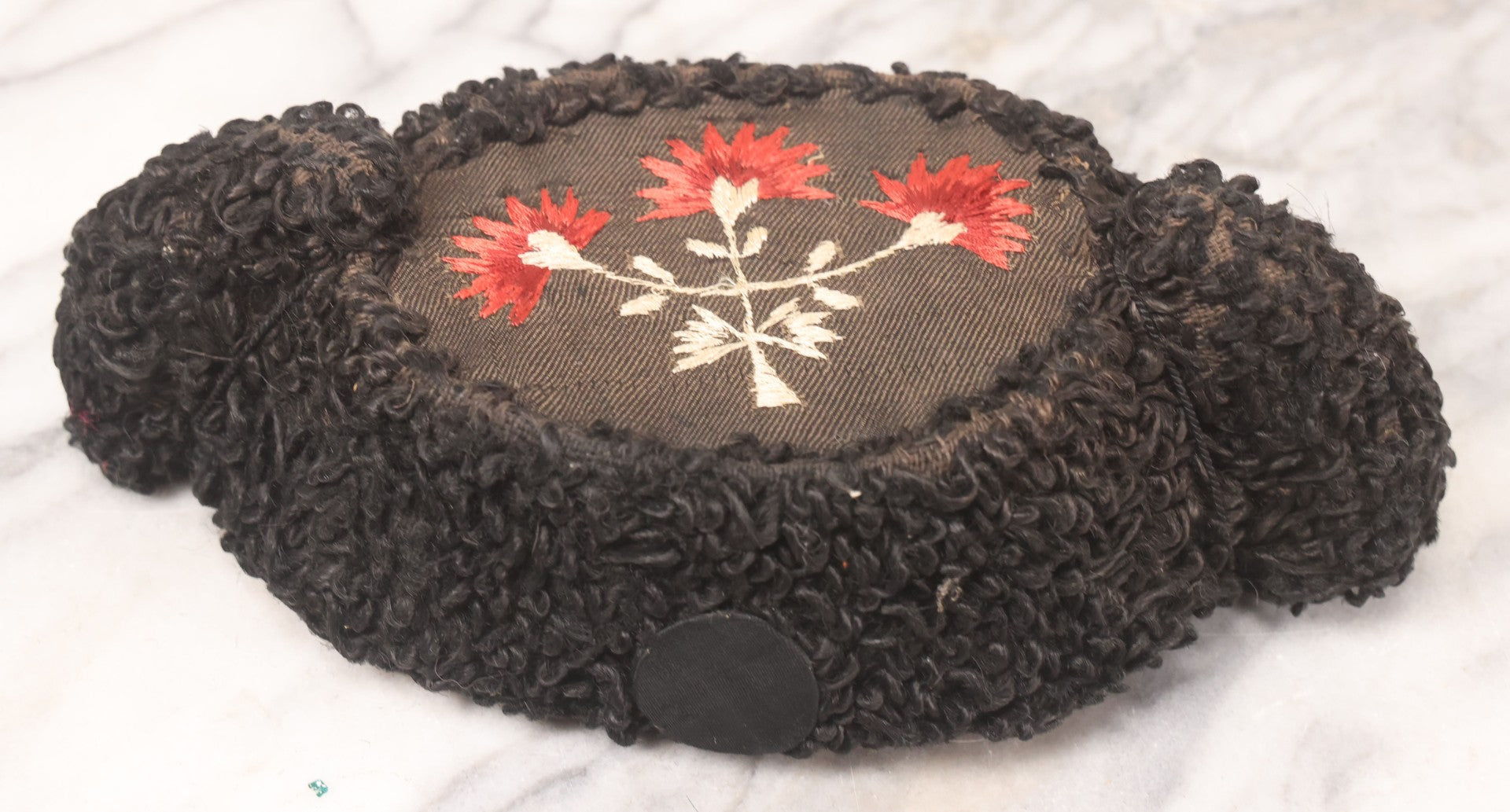 Lot 024 - Antique Matador Hat (Montera) With Black Looped Wool Exterior, Embroidered Floral Crown, And Pink Silk Lining