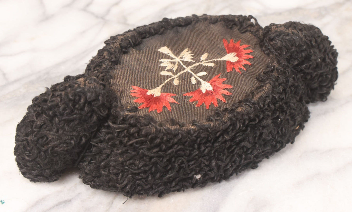 Lot 024 - Antique Matador Hat (Montera) With Black Looped Wool Exterior, Embroidered Floral Crown, And Pink Silk Lining