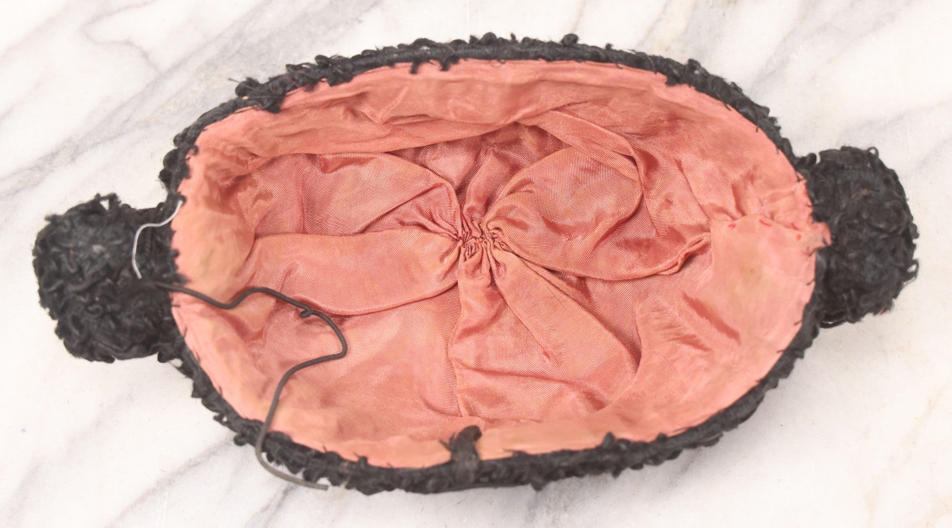 Lot 024 - Antique Matador Hat (Montera) With Black Looped Wool Exterior, Embroidered Floral Crown, And Pink Silk Lining