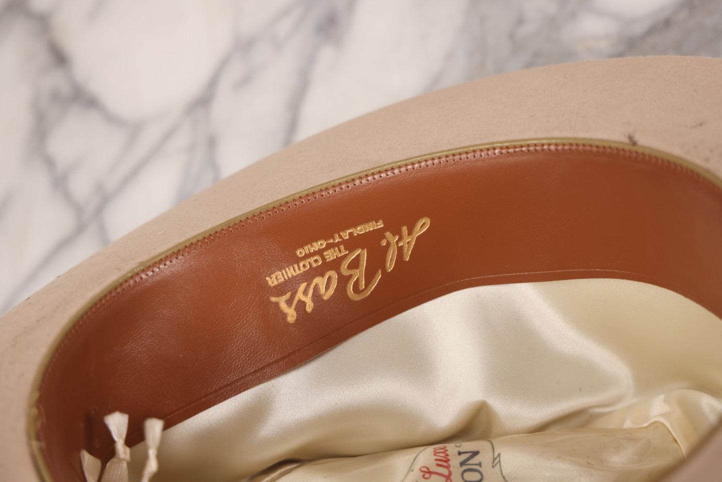 Lot 026 - Vintage Beige Stetson Royal Deluxe Hat With Brown Leather Interior Band, John B. Stetson Company, Sold By Al. Bass The Clothier, Findlay, Ohio