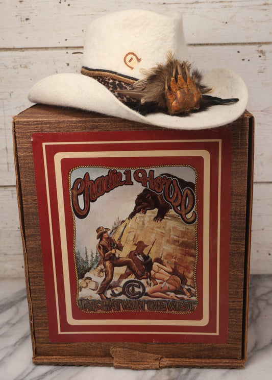 Lot 027 - Vintage Charlie 1 Horse Hat Company Western Style Cowboy Hat, “The Hat That Won The West,” 10X Beaver Felt Quality, With Alligator Paw, Feathers, And Bone Adornments, Size 7-1/2, Made In U.S.A., In Original Box
