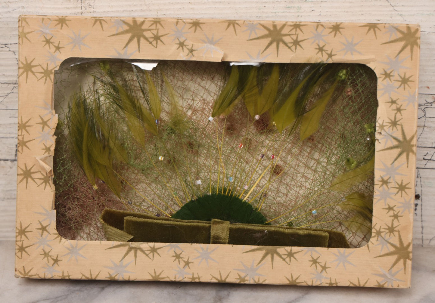 Lot 028 - Vintage Boxed Green Feather And Velvet Hat Veil With Dotted Netting, Additional Pink Veil, Mid-20th Century Millinery Accessory