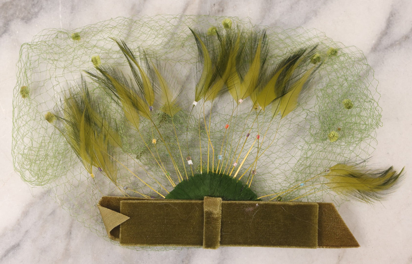 Lot 028 - Vintage Boxed Green Feather And Velvet Hat Veil With Dotted Netting, Additional Pink Veil, Mid-20th Century Millinery Accessory