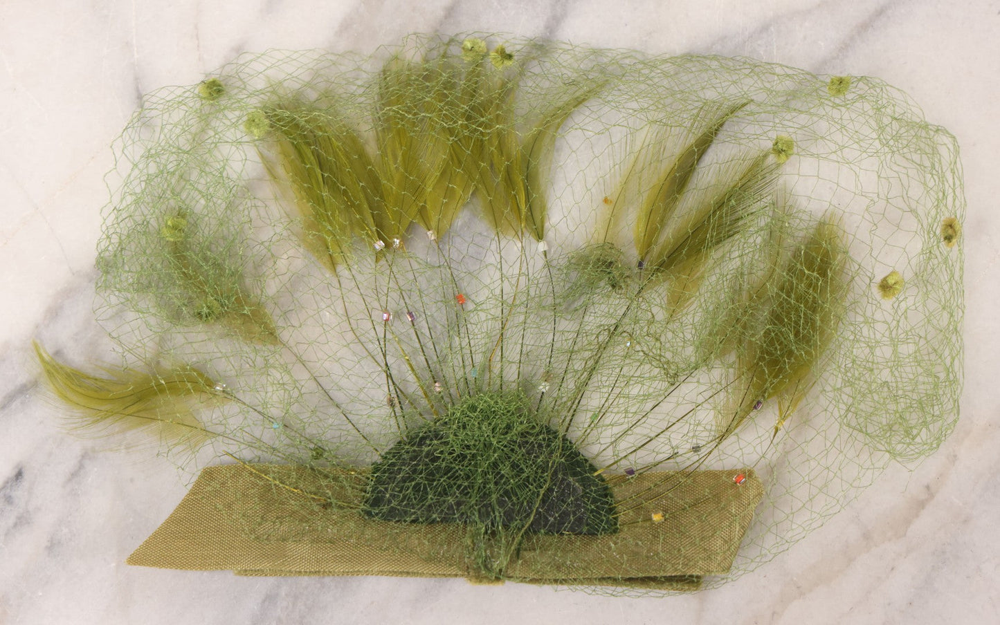 Lot 028 - Vintage Boxed Green Feather And Velvet Hat Veil With Dotted Netting, Additional Pink Veil, Mid-20th Century Millinery Accessory