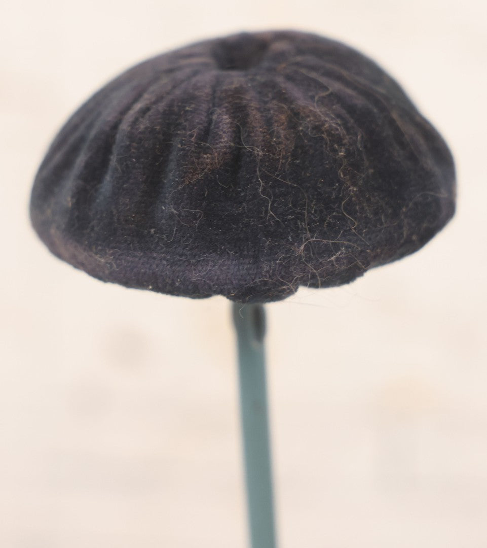 Lot 029 - Trio Of Vintage Hat Stands Including Two With Partial Fabric Coverings And Greenish-Yellow Ribbons, And One Blue Wire Stand With Felt Pillow