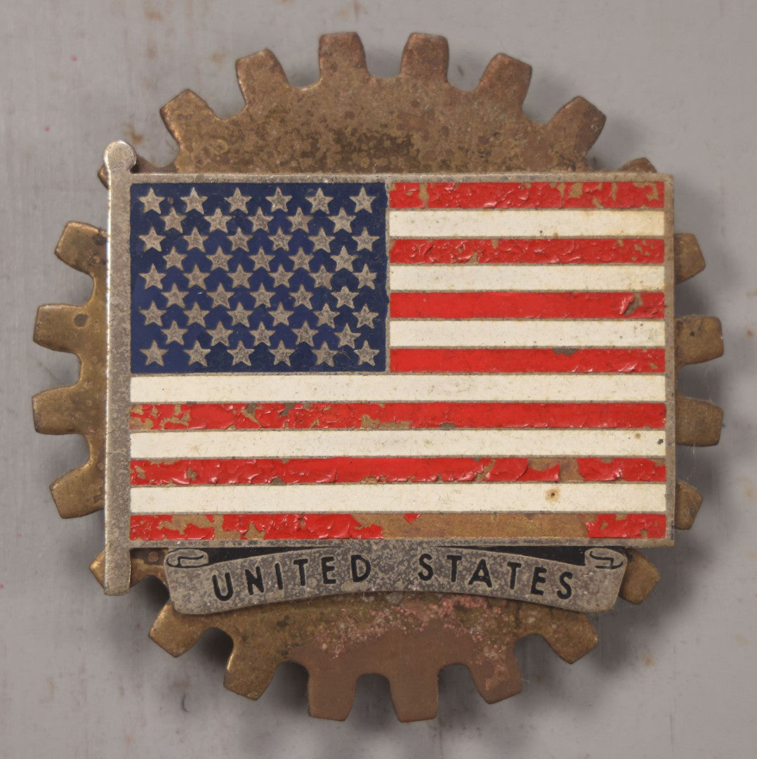 Lot 033 - Vintage Custom Cut Wooden Plaque With Five Metal Car Club Badges Including United States Flag, Austria Österreich, Shriners, A.D.A.C. 1928 Baden Sporttage, And Österreichischen Automobil-Club, 5-1/2" x 20-1/4"