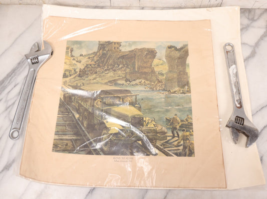 Lot 035 - World War II Mack Trucks Advertising Poster “Road To Rome, Italian Campaign 1943” Depicting Military Transport Crossing Bridge, Illustrated By Peter Helck, Unframed, 19-1/2" x 18-3/4"