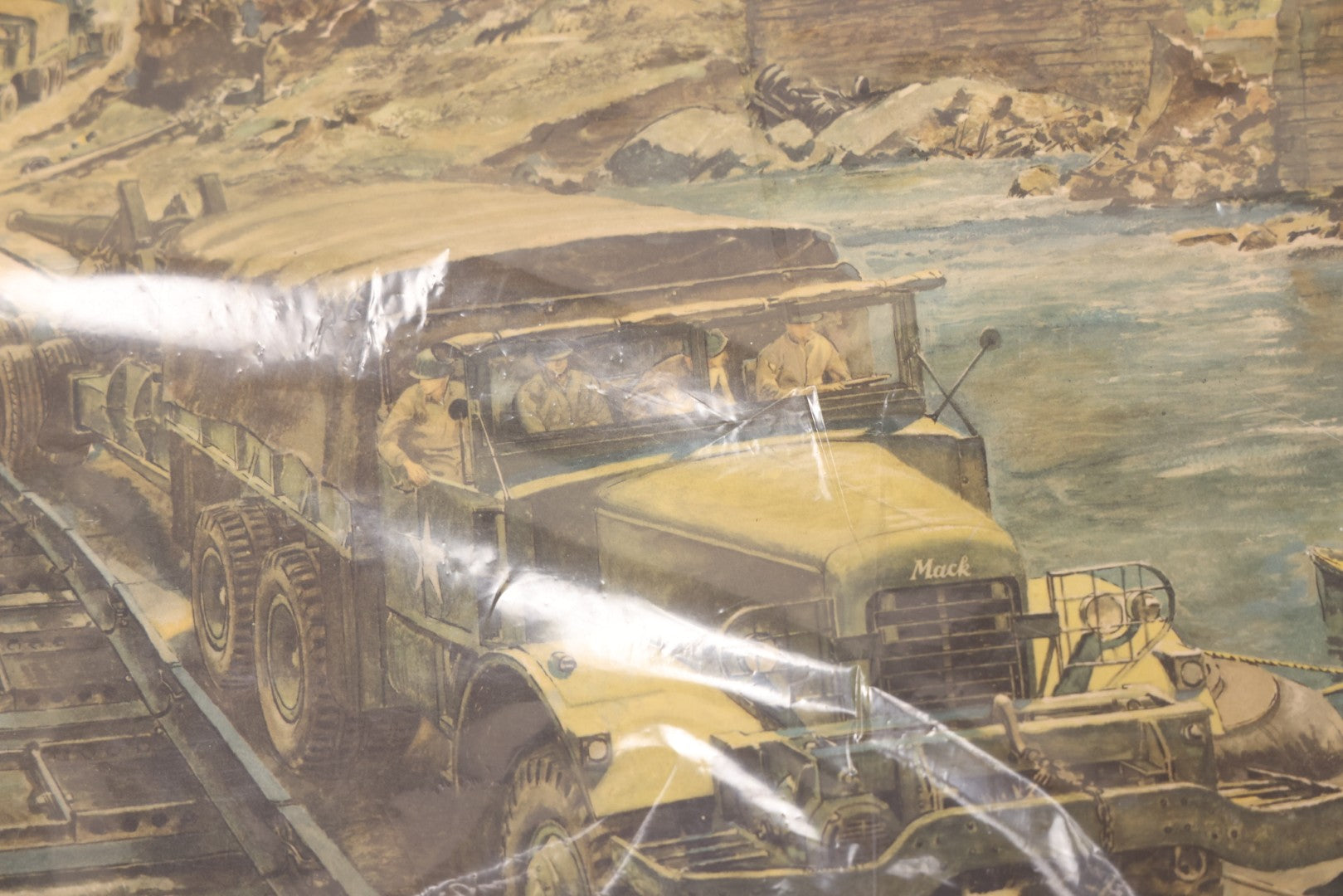 Lot 035 - World War II Mack Trucks Advertising Poster “Road To Rome, Italian Campaign 1943” Depicting Military Transport Crossing Bridge, Illustrated By Peter Helck, Unframed, 19-1/2" x 18-3/4"