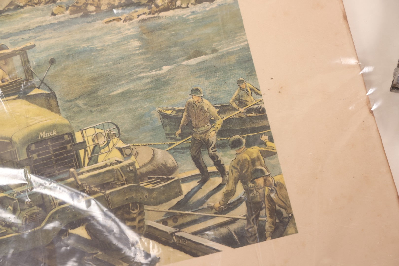 Lot 035 - World War II Mack Trucks Advertising Poster “Road To Rome, Italian Campaign 1943” Depicting Military Transport Crossing Bridge, Illustrated By Peter Helck, Unframed, 19-1/2" x 18-3/4"