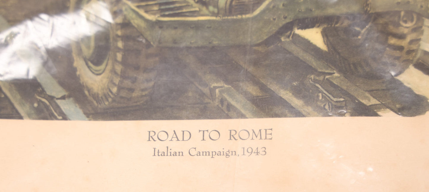 Lot 035 - World War II Mack Trucks Advertising Poster “Road To Rome, Italian Campaign 1943” Depicting Military Transport Crossing Bridge, Illustrated By Peter Helck, Unframed, 19-1/2" x 18-3/4"